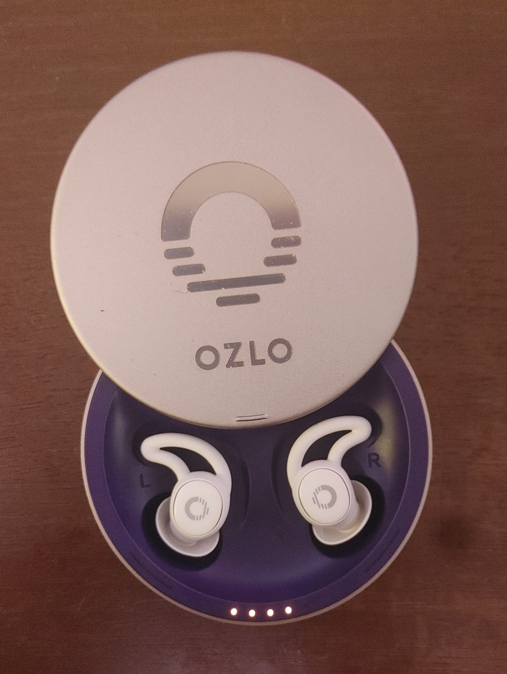 OZLO Wireless Earbuds in White with Purple Case